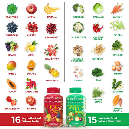 Balance of Nature Fruits & Veggies Supplements - Whole Fruit and Vegetable Ingredients for Women, Men, and Kids - 90 Fruits Capsules, 90 Veggies Capsules - 1 Set